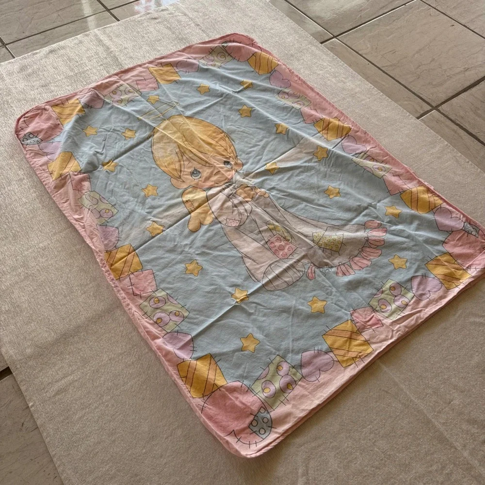 Vintage Precious Moments Baby Blanket 42x31 Pink Blue Stars Angel Boy
